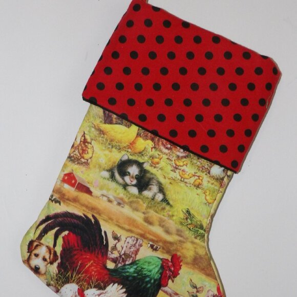 Rooster Kitten Puppy Frog Ducks 14" Hand Crafted Christmas Stocking Ended Rooste - Picture 2 of 4